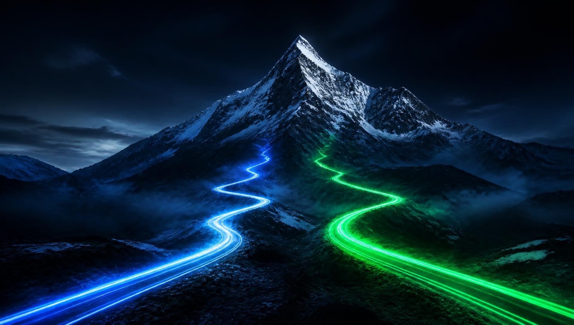 Snow-capped mountain at night with glowing blue and green routes to the summit